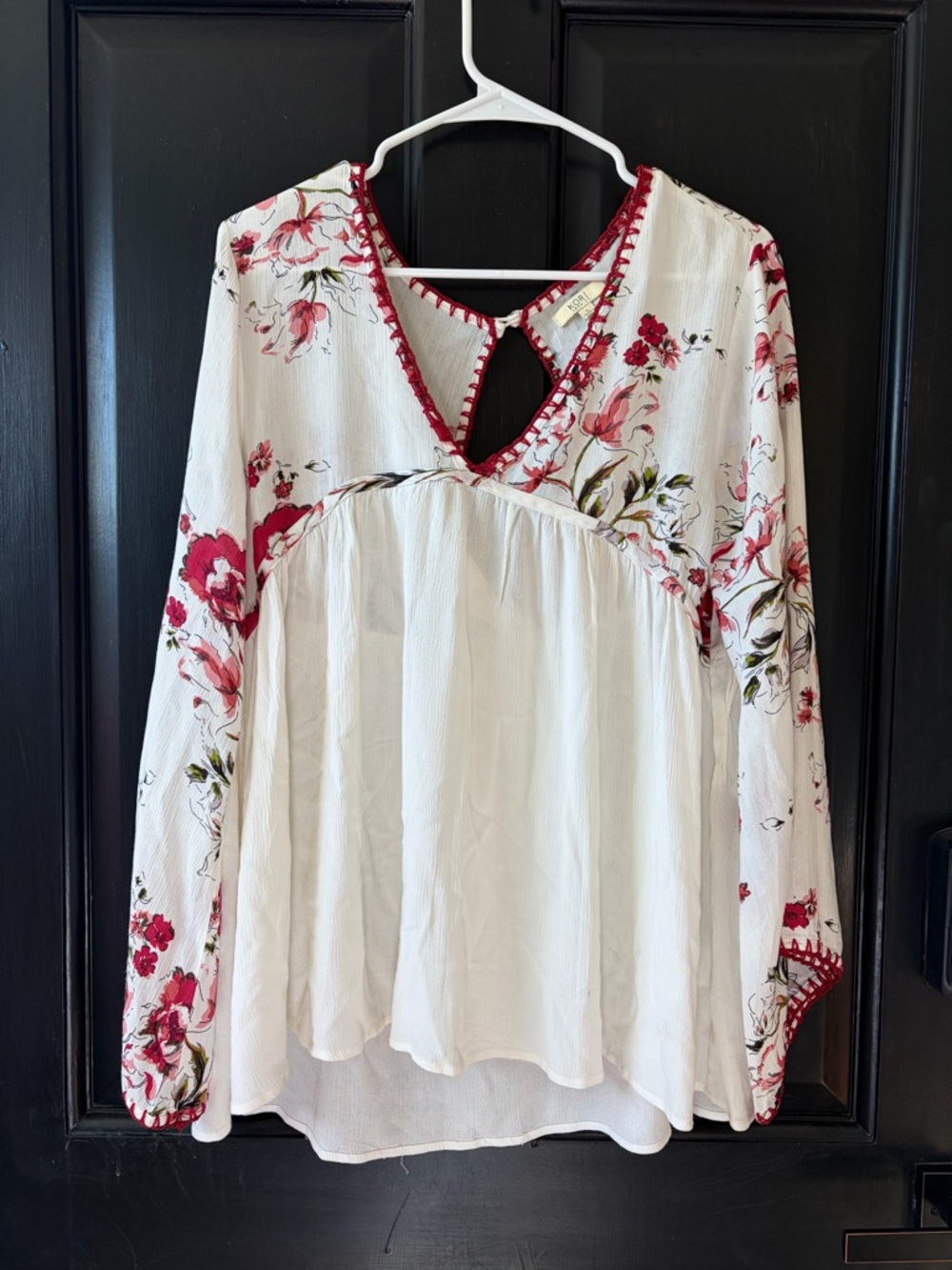 Kori Ivory Blouse with Red Floral Trim